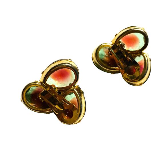 Vintage mid century clip on earrings watermelon green pink glass stones on gold - Picture 8 of 8